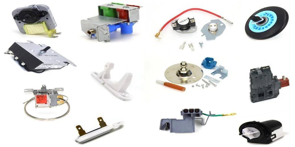 A variety of electrical parts are displayed on a white background.