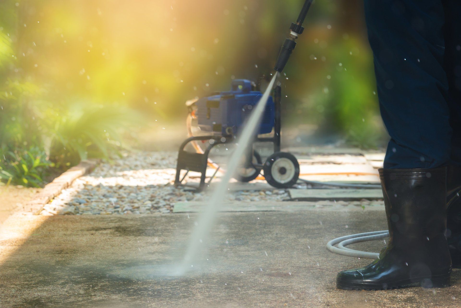 Pressure Washer — Man cleaning dirty walkway with high pressure water cleaner in Sunrise Beach, MO