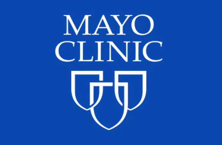 The mayo clinic logo is on a blue background
