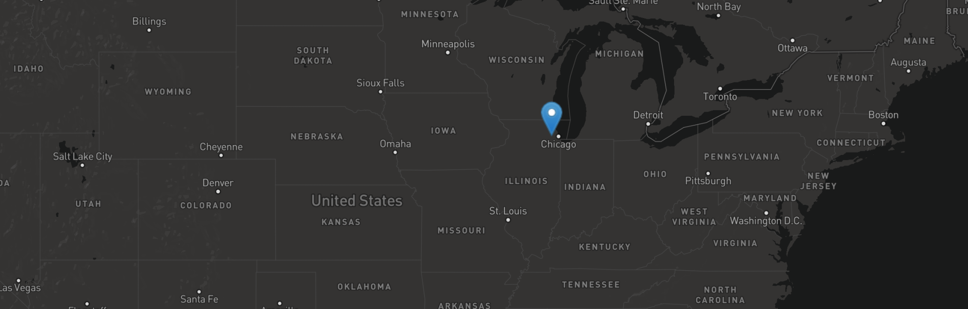 A map of the united states with a blue pin on it.