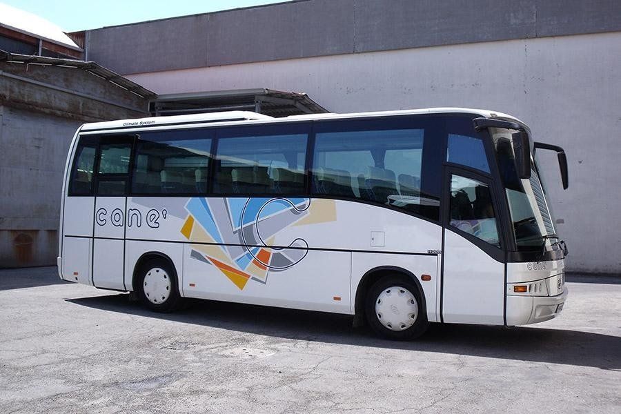 Autobus bianco con logo parcheggiato fuori, giornata di sole.