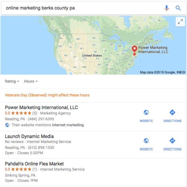 This is an example of the local pack display for the search phrase