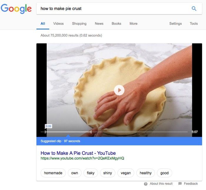 Rich snippet example showing a video appearing that is embedded directly onto the search engine results page