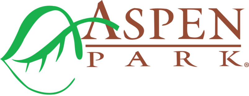 A logo for aspen park with a green leaf on a white background.
