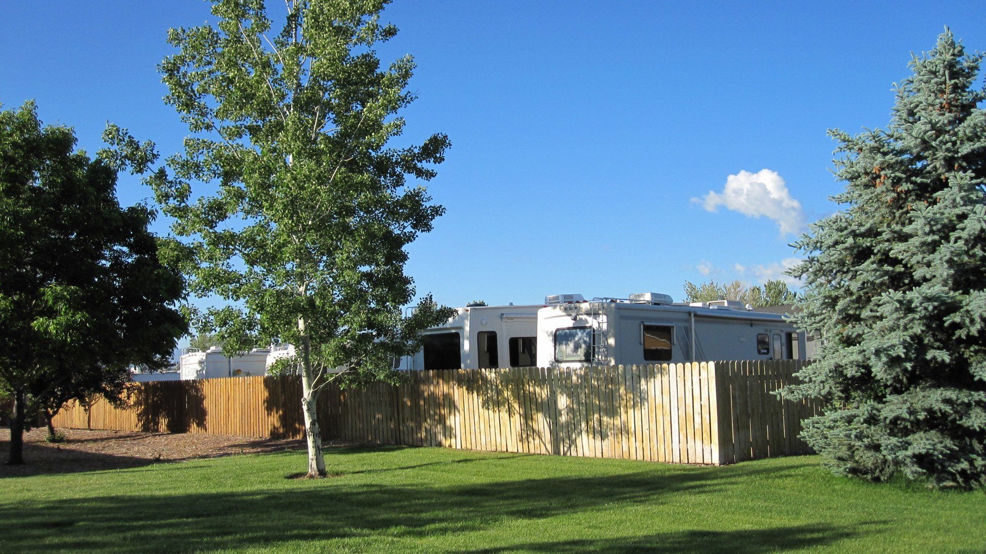 A wooden fence surrounds a lush green field