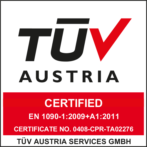 Logo di certificazione TÜV Austria con testo rosso e nero, badge di certificazione EN 1090-1:2009+A1:2011 ed emblema dell'aquila.