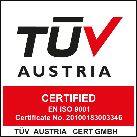 Logo di certificazione TÜV Austria con testo rosso e nero, numero di certificato ISO 9001 20100183003346