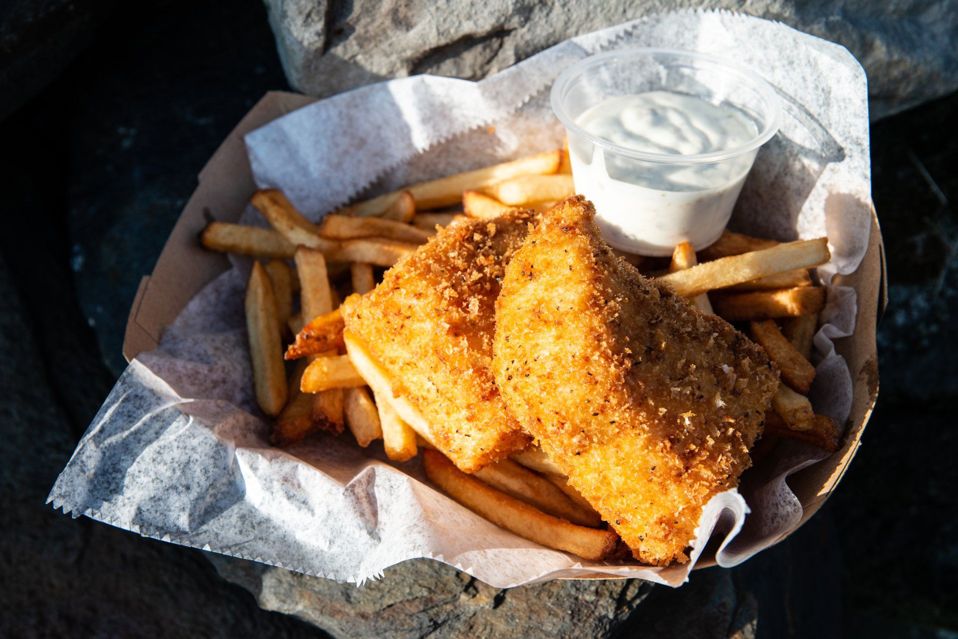 Crispy fried local fish and fries with garlic aioli.