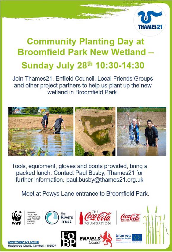 A poster for a community planting day at broomfield park new wetland