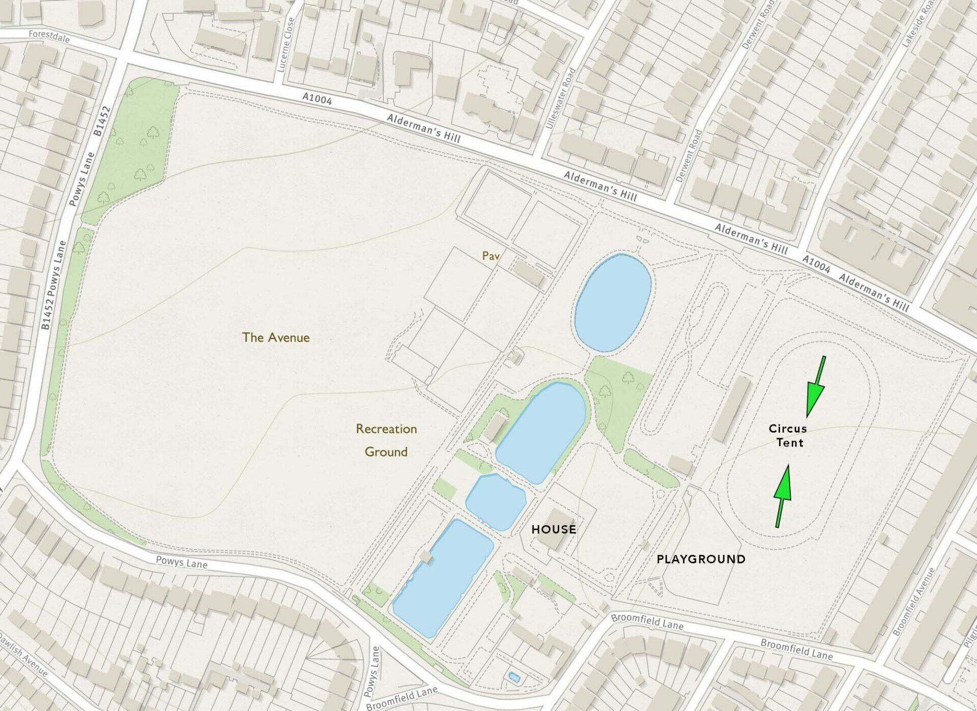 A map of a park with two arrows pointing in opposite directions