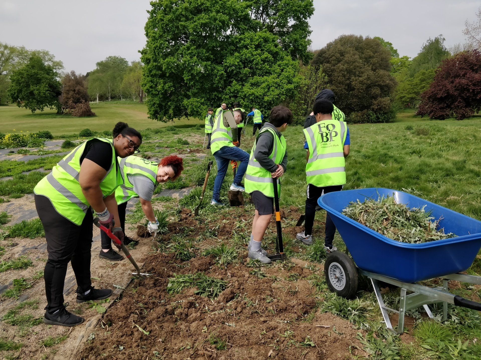A group of people are working in a garden.