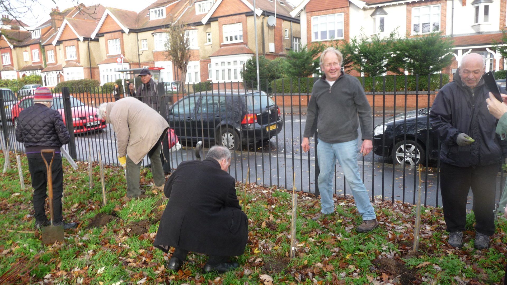 A group of people are planting trees in a yard