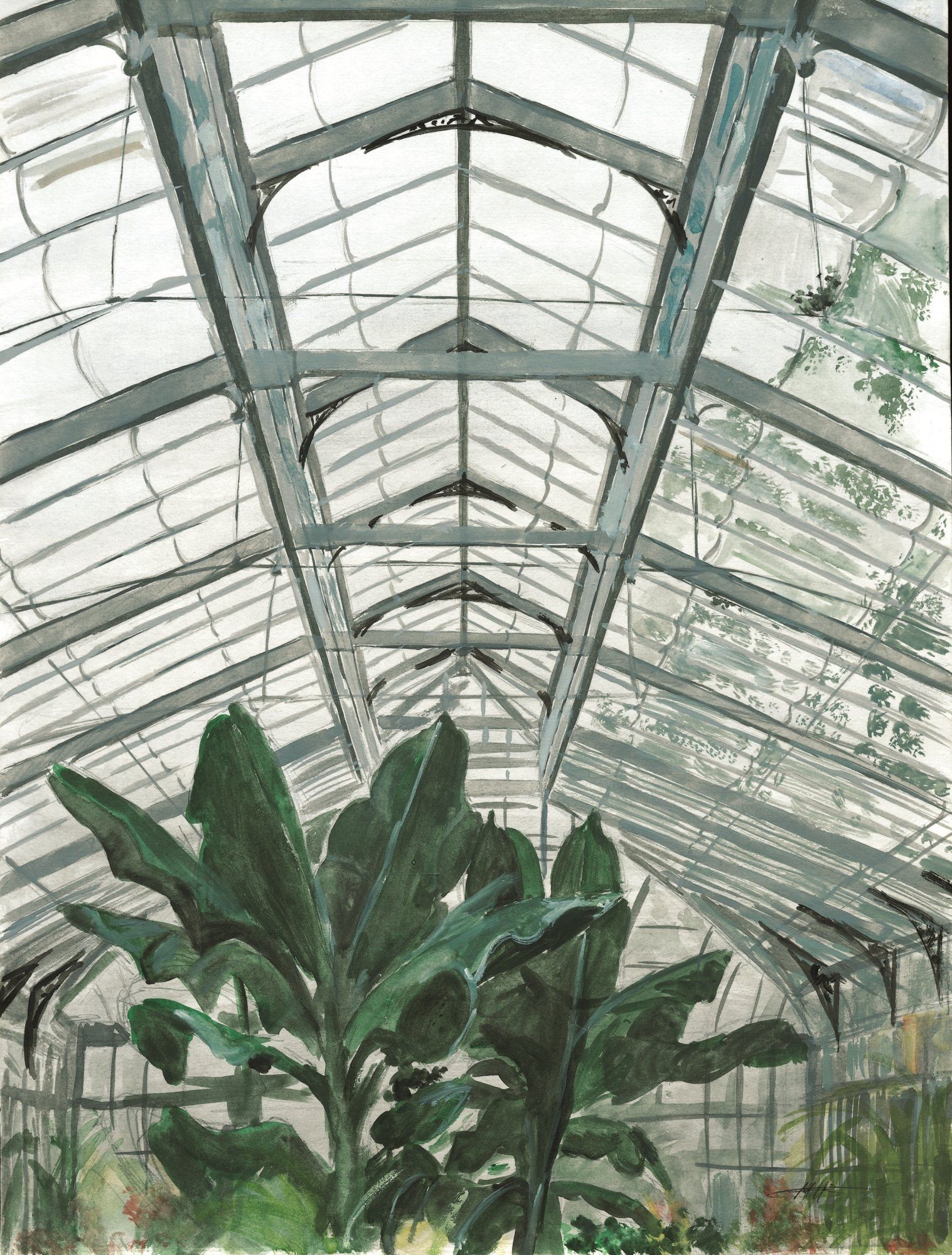 A painting of a greenhouse with lots of windows and plants