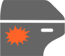 Orange starburst on a dark gray rounded shape with a small white pill-shaped mark near the top right.