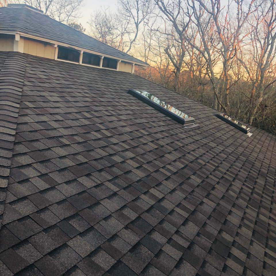 Shingled roof with two skylights at sunset, trees in the background