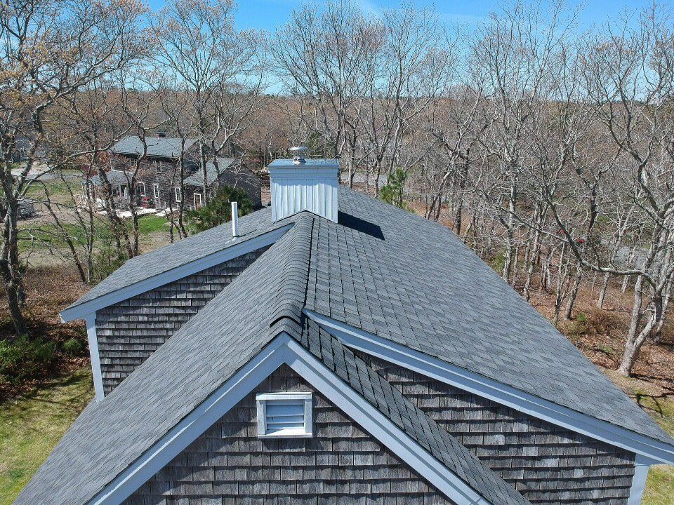 Roof with dark gray shingles and a chimney, viewed from above among leafless trees.