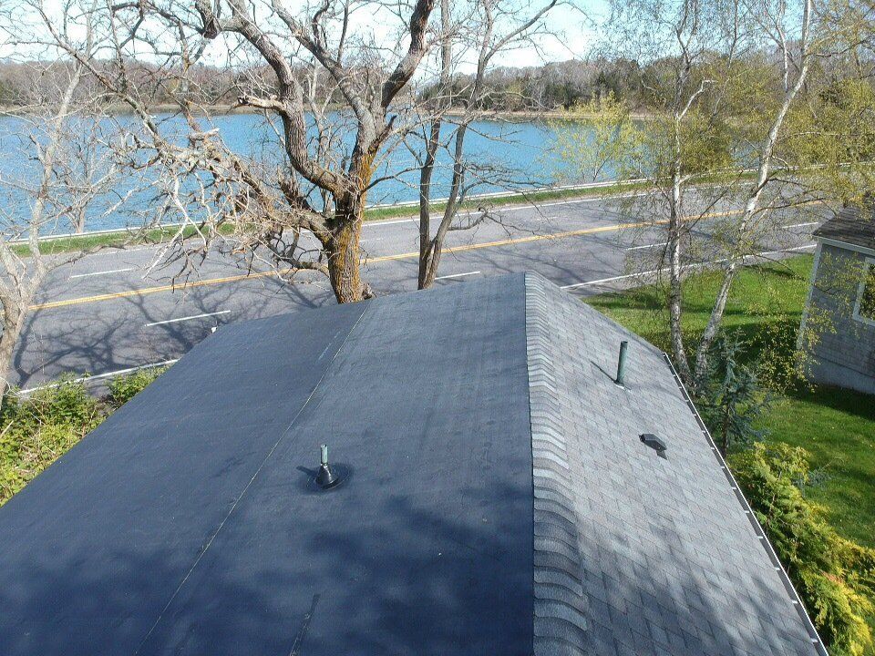 Rooftops overlooking a road and lake, with leafless trees and clear blue water in the background