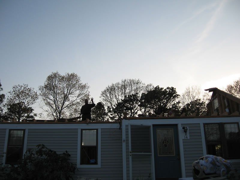 Silhouetted trees and roofline at sunset behind a white house with gray siding