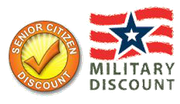 Senior citizen discount and military discount logos with orange checkmark and red, white, and blue star