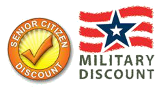 Senior citizen discount and military discount logos with orange checkmark and red, white, and blue star