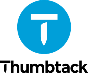Thumbtack logo: blue circle with white stylized “T” above black wordmark