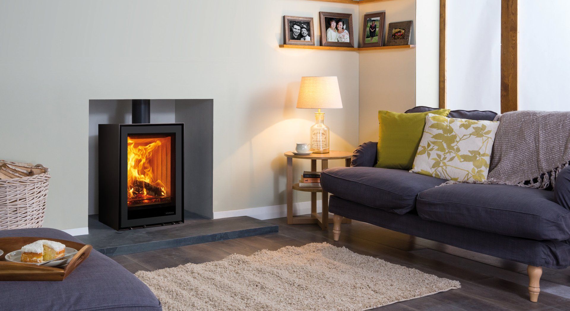 Hearth mounted wood burning stoves