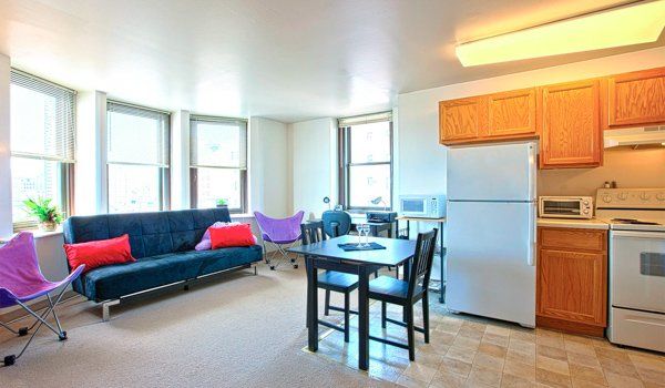 A view of the dining and kitchen area at the Stafford Apartments.