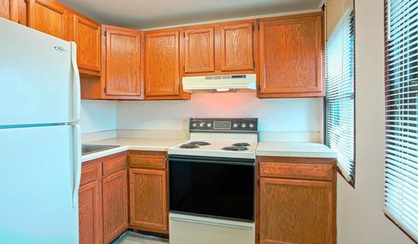 A view of the kitchen and appliances at the Stafford Apartments