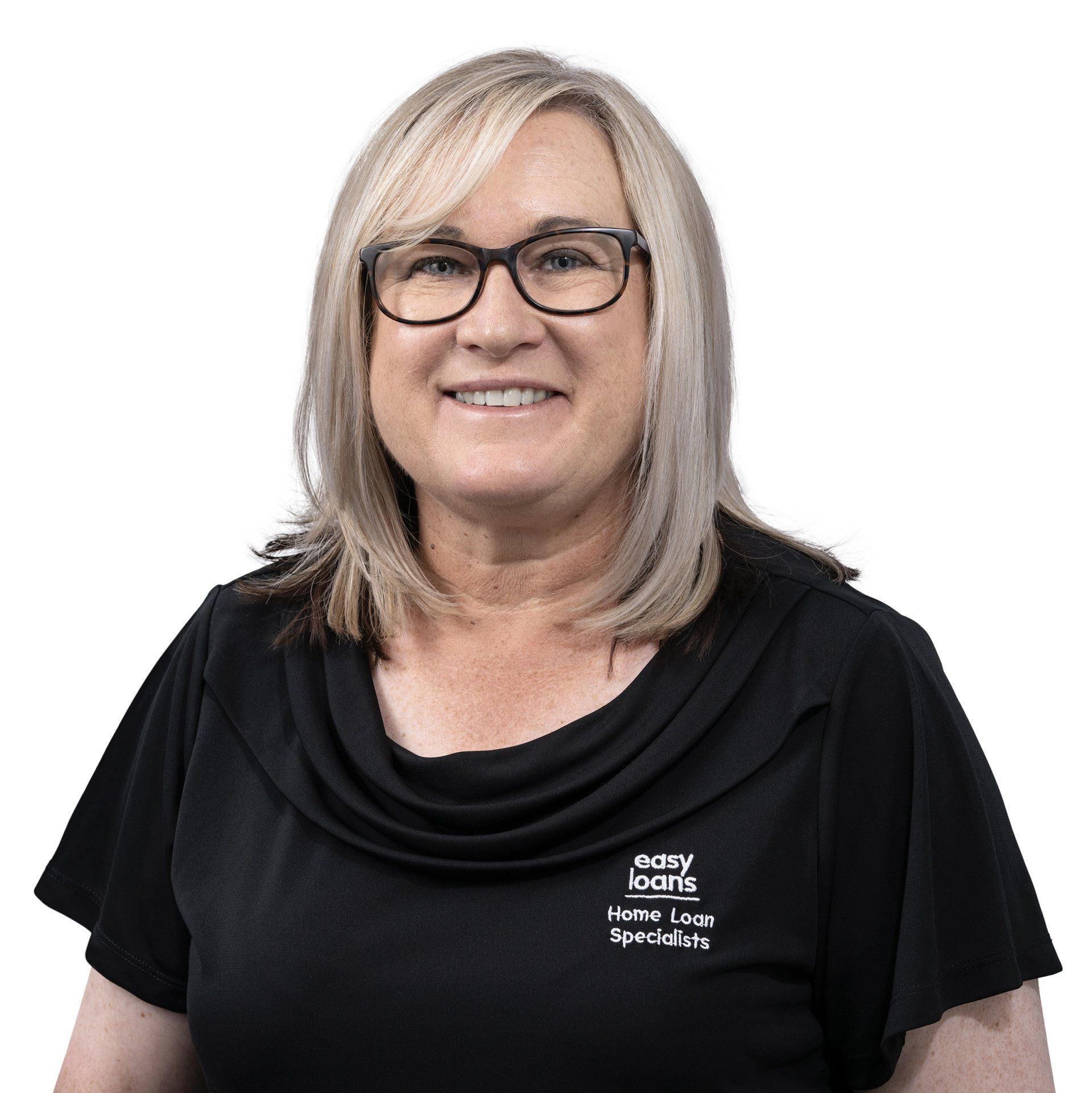 A woman wearing glasses and a black shirt is smiling.
