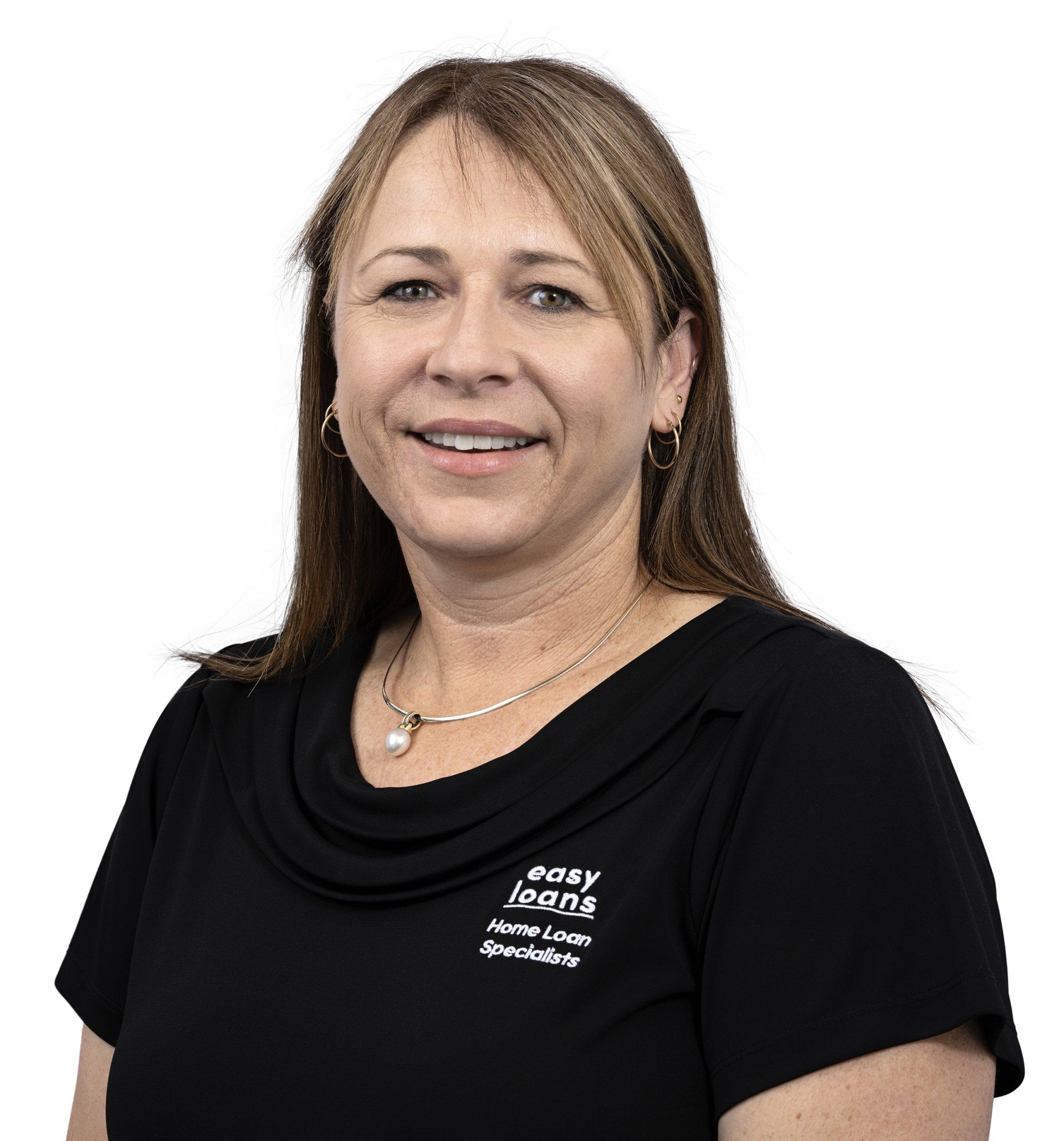 A woman wearing a black shirt and a necklace is smiling for the camera.