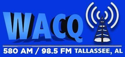 Logo for WACO radio station in Tallassee, AL. Features the call letters and radio tower on a blue background.
