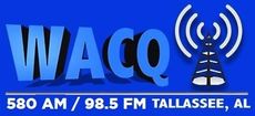 Logo for WACO radio station in Tallassee, AL. Features the call letters and radio tower on a blue background.