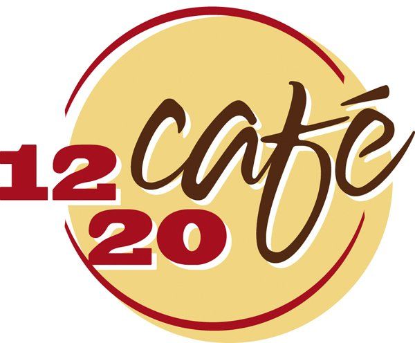 12/20 Café logo in red and brown on a pale yellow circle