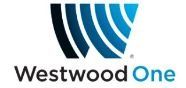 Westwood One logo with a blue, curved, waveform-like design over the company name.