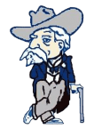 Cartoon cowboy in a gray suit and hat, holding a cane and standing in profile.