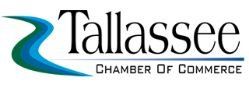 Logo of the Tallassee Chamber of Commerce. Blue and green river design with black text.