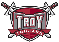 Troy Trojans logo with red shield and crossed swords