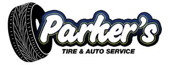Parker’s Tire & Auto Service logo with a black tire icon and white-and-blue lettering