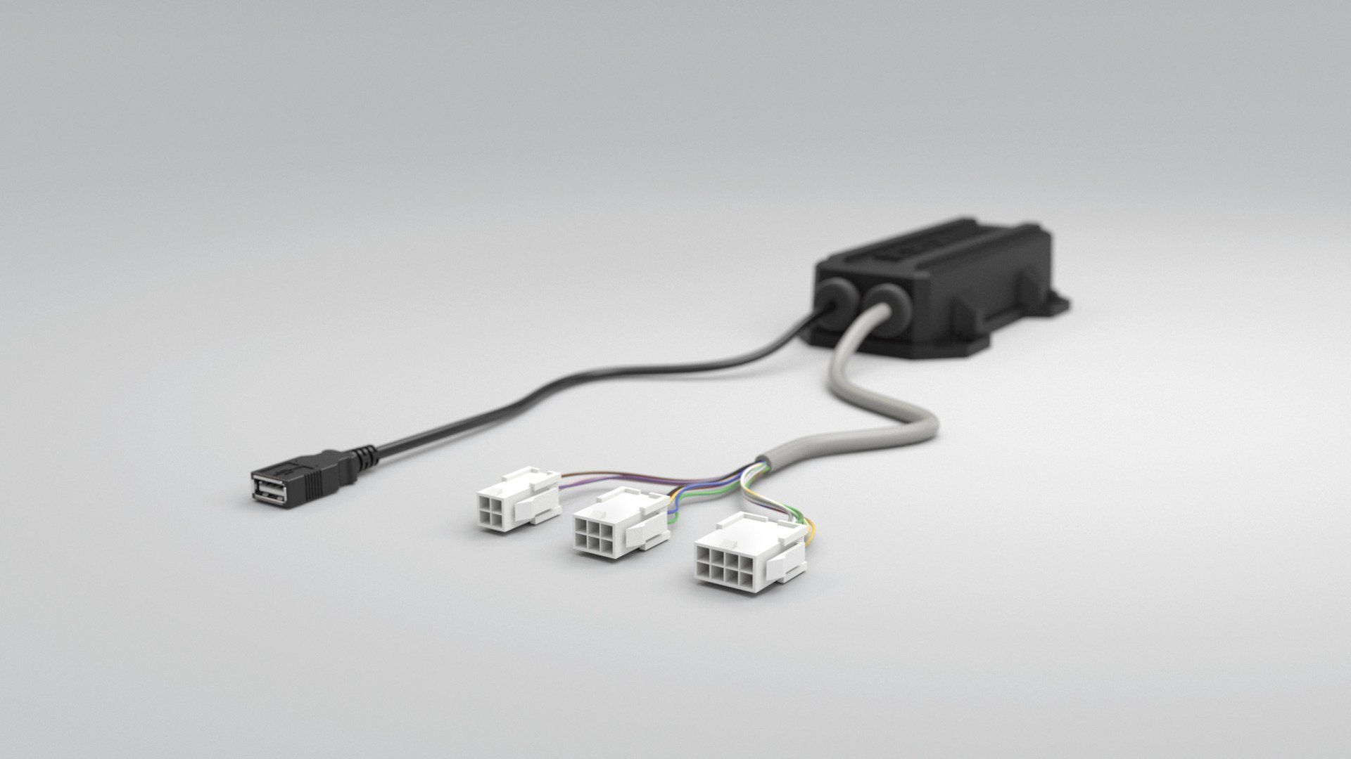 A 3d model of a power supply with three wires attached to it.