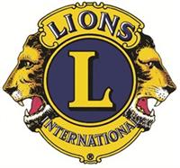 Lions Clubs International logo with two lion heads flanking a blue and yellow circle with a large letter 