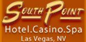 South Point Hotel Casino Spa, Las Vegas, NV logo with brown and gold text on a brown background.