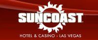 Suncoast Hotel & Casino logo, Las Vegas. White text and sun graphic on a red background.