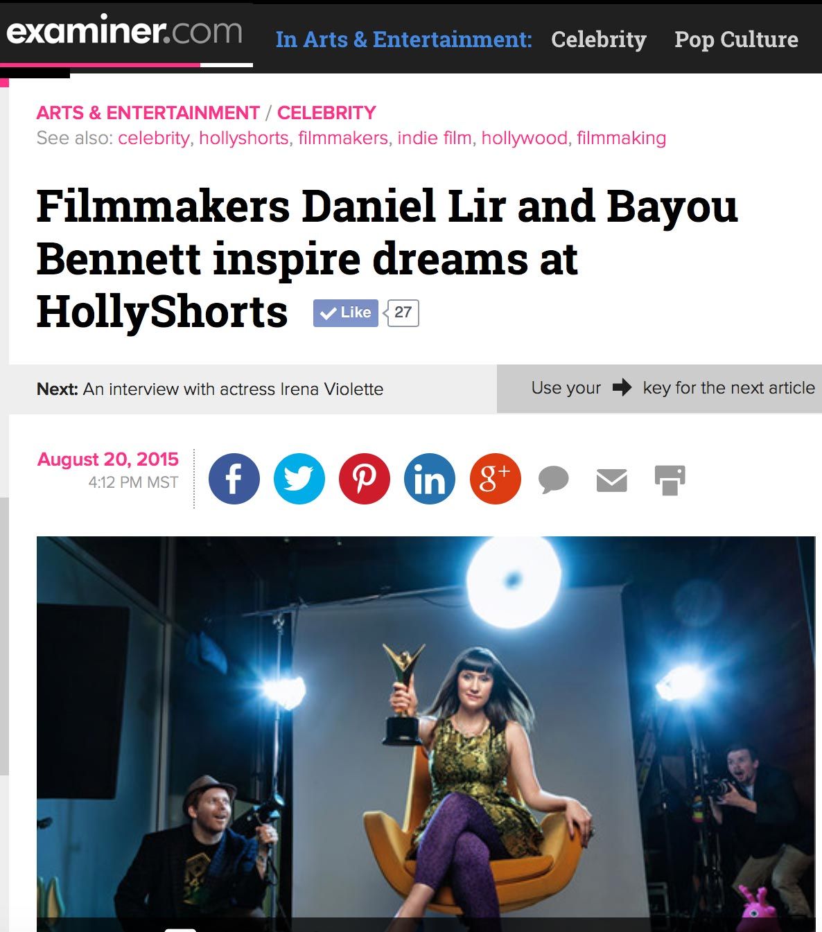 A screenshot of a news article about filmmakers daniel lir and bayou bennett