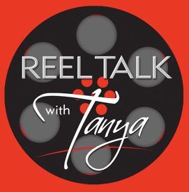 A logo for reel talk with tanya on a red background