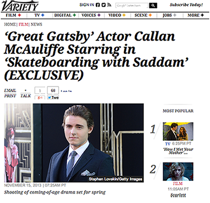 A newspaper article about actor callan mcauliffe starring in ' skateboarding with saddam '