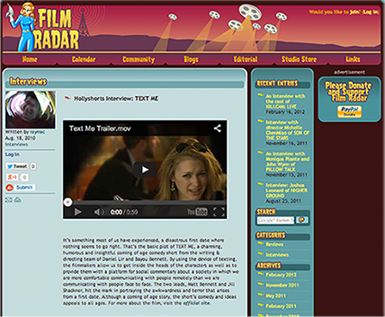 A screen shot of a website called film radar