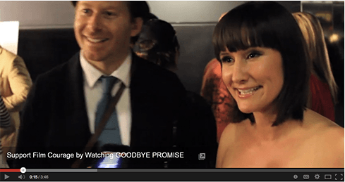 A man and a woman are smiling in a video that says support film courage by watching goodbye promise
