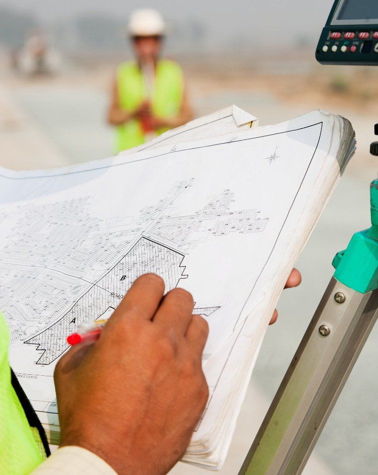 Person in a high-vis vest examining blueprints on a construction site, another worker in background.