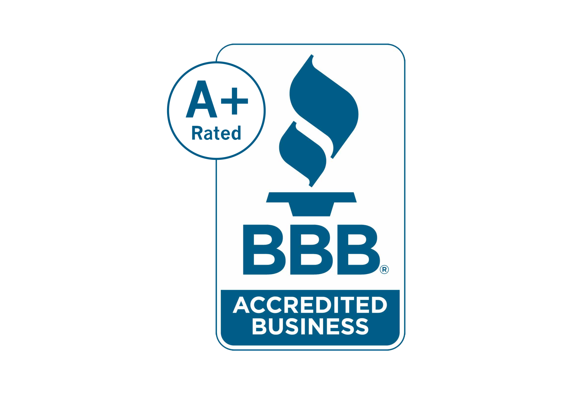 BBB logo with an A+ rating, featuring a blue flame and text.