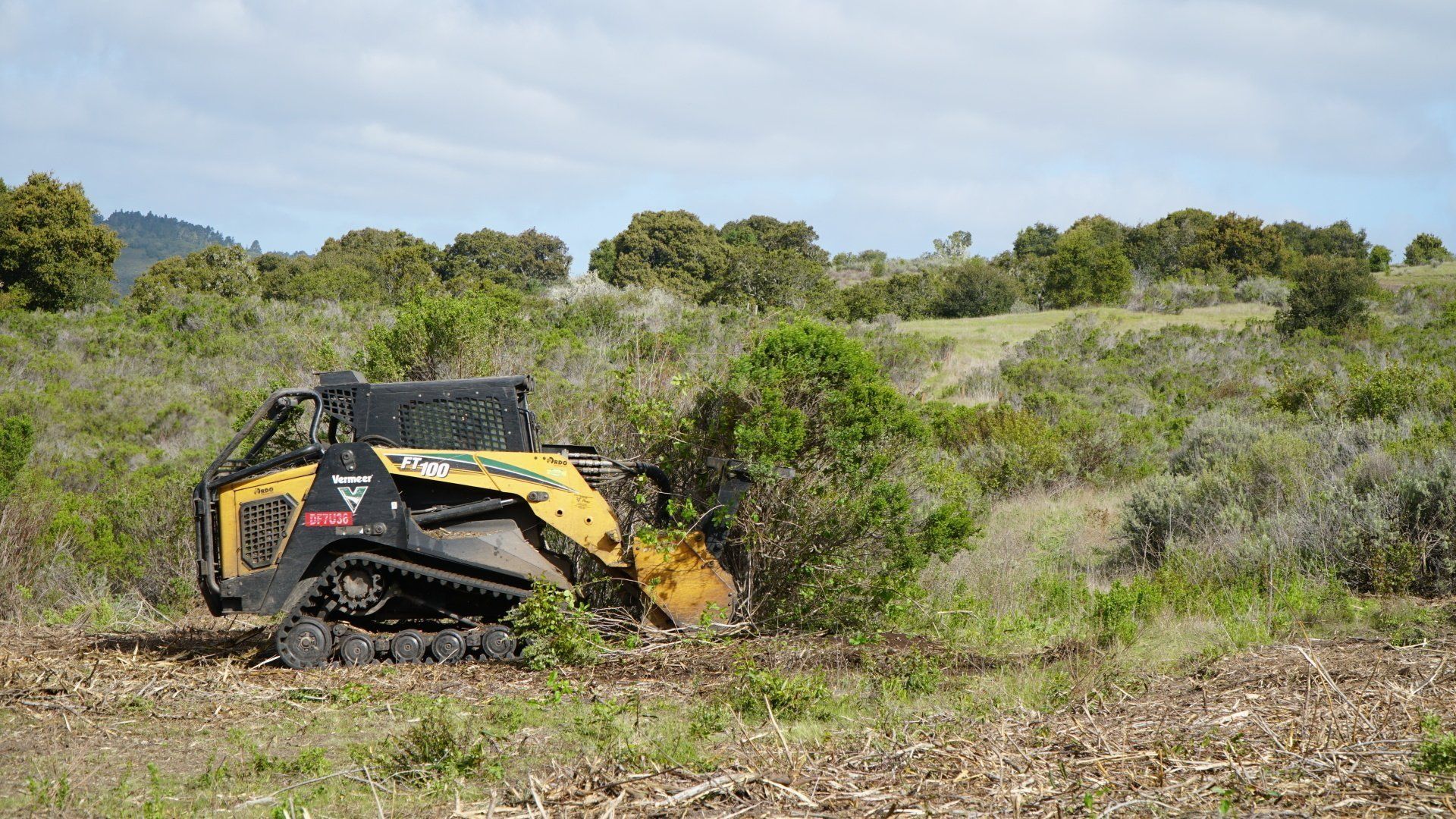A small tracked vehicle with a brush cutter clearing vegetation on a hillside.